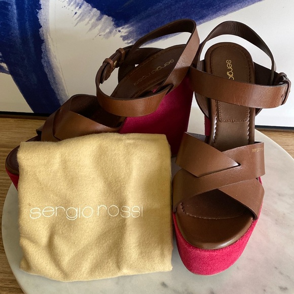 NEW SERGIO ROSSI Brown Leather & Berry Suede Platform Wedge Sandals Size 38 1/2 - Picture 17 of 17